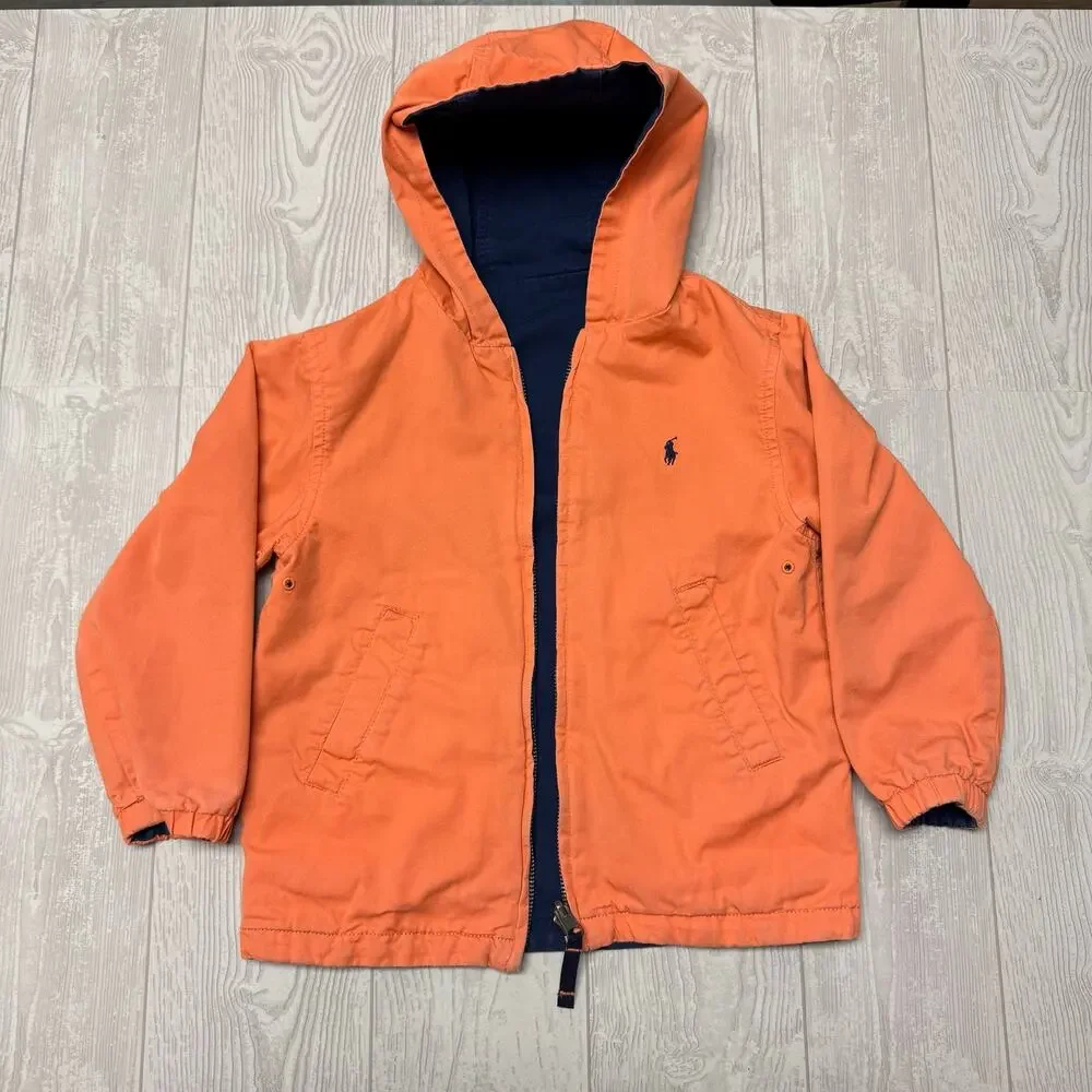 Polo Ralph Lauren Boys Toddler Reversible Hooded Jacket Navy Blue Orange Coat